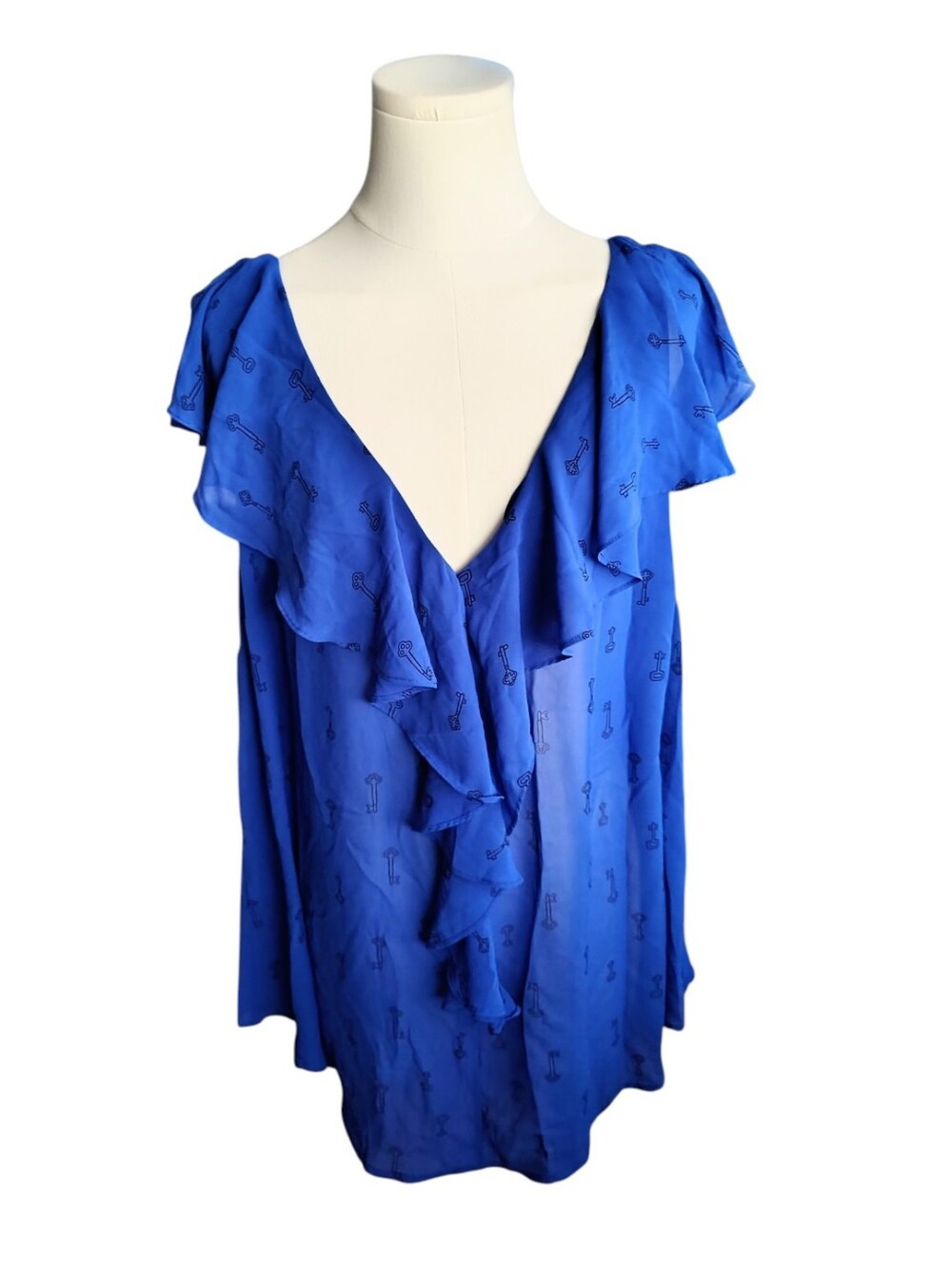 Torrid Cobalt Blue Lightweight Ruffled Sheer Blouse With Black Keys Plus Size 2